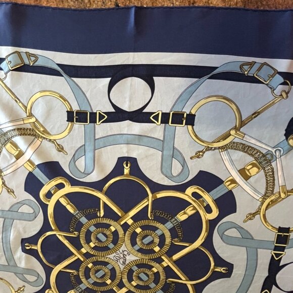 Vintage Hermes Pellier Paris Eperon d' Or Silk Scarf Blues with light Gray - Picture 6 of 16
